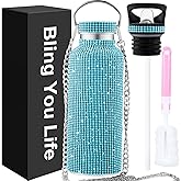 Bling Water Bottle Rhinestone,Diamond Water Bottle,Glitter Rhinestones Stainless Steel Thermal Bottle,Bling Cup for Women Girls,Bling Tumblers with 2 Style lids and 55in Chain (Blue)