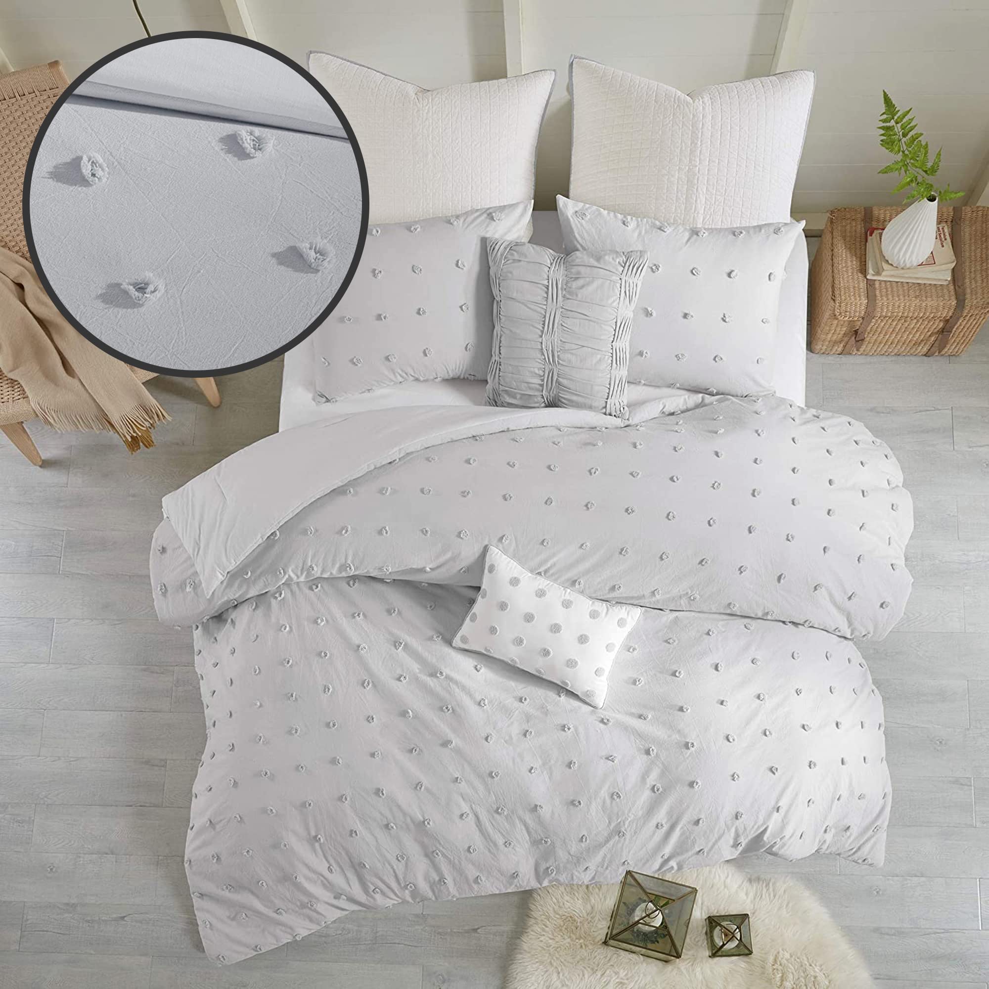 Intelligent Design Matching Shams, Decorative Pillows Cotton Comforter Set-Jacquard Tufts Pompom Design All Season Bedding, Full/Queen (88 in x 92 in), Grey 7 Piece Image