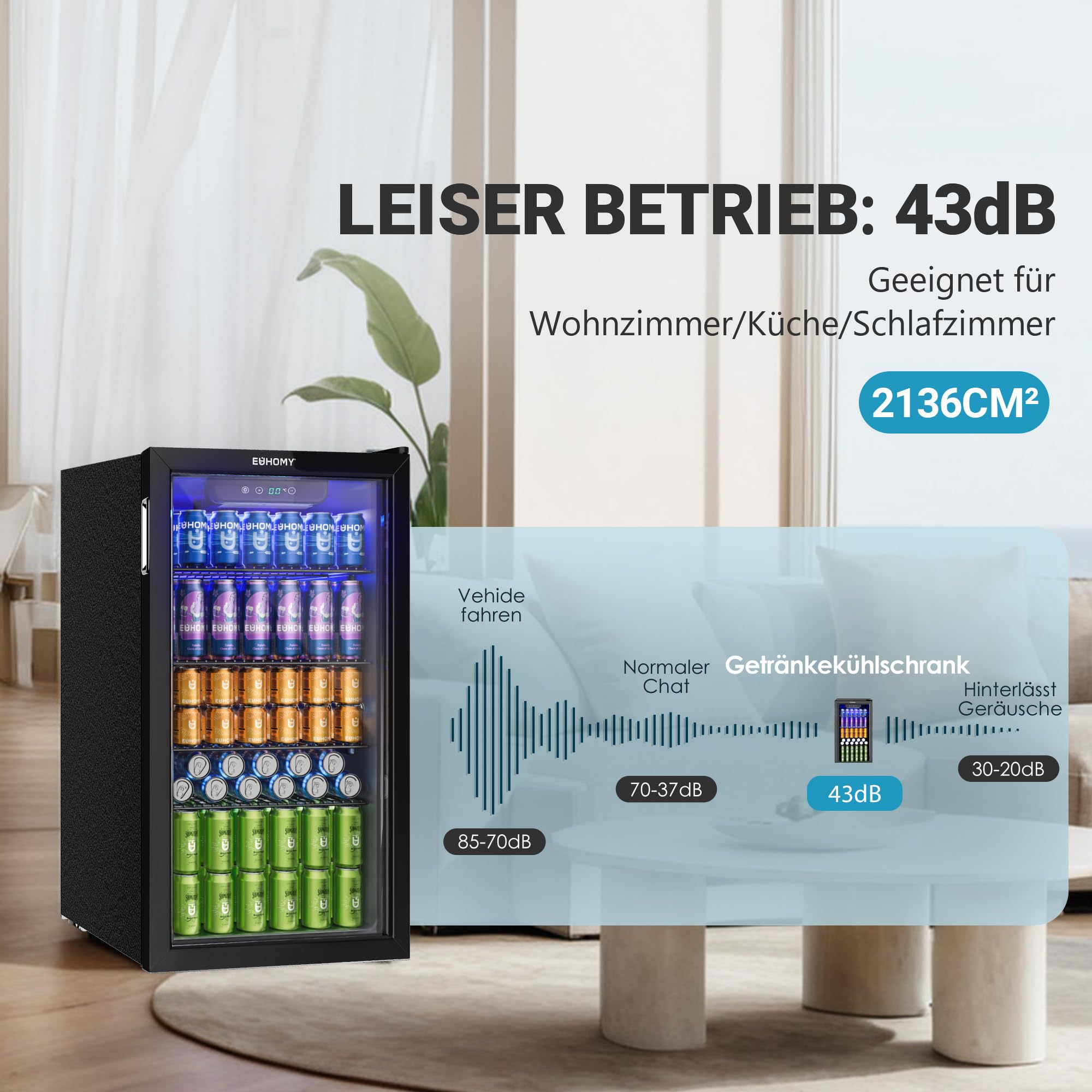 EUHOMY 90L Getränkekühlschrank, Mini-Kühlschrank für 126 Dosen mit Glastür, kleiner Kühlschrank mit verstellbaren Regalen für Limonade, Bier oder Wein, für Zuhause/Bar/Büro, Schwarz Edelstahl 7