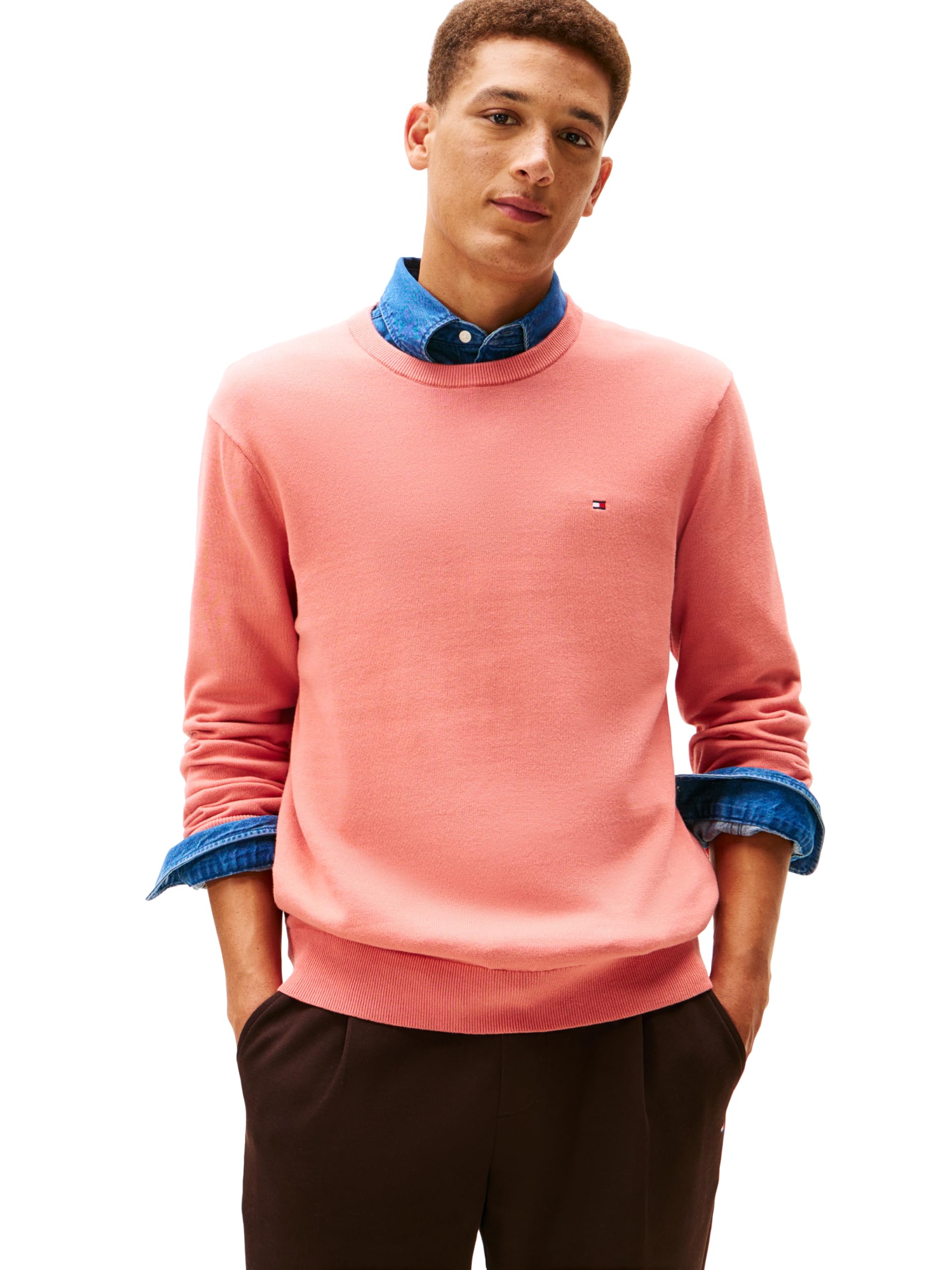Tommy Hilfiger Men’s Cotton Solid Crew Neck Sweater, Camellia Blush Large