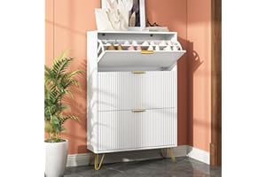Sscaktu Shoe Storage Cabinet with 3 Flip Drawers, 31.5" W Fluted Shoe Cabinet for Entryway, Hidden Shoe Cabinet Storage, Narrow Free Standing Shoe Orgnaizer Rack Cabinet for Foyer Hallway, White
