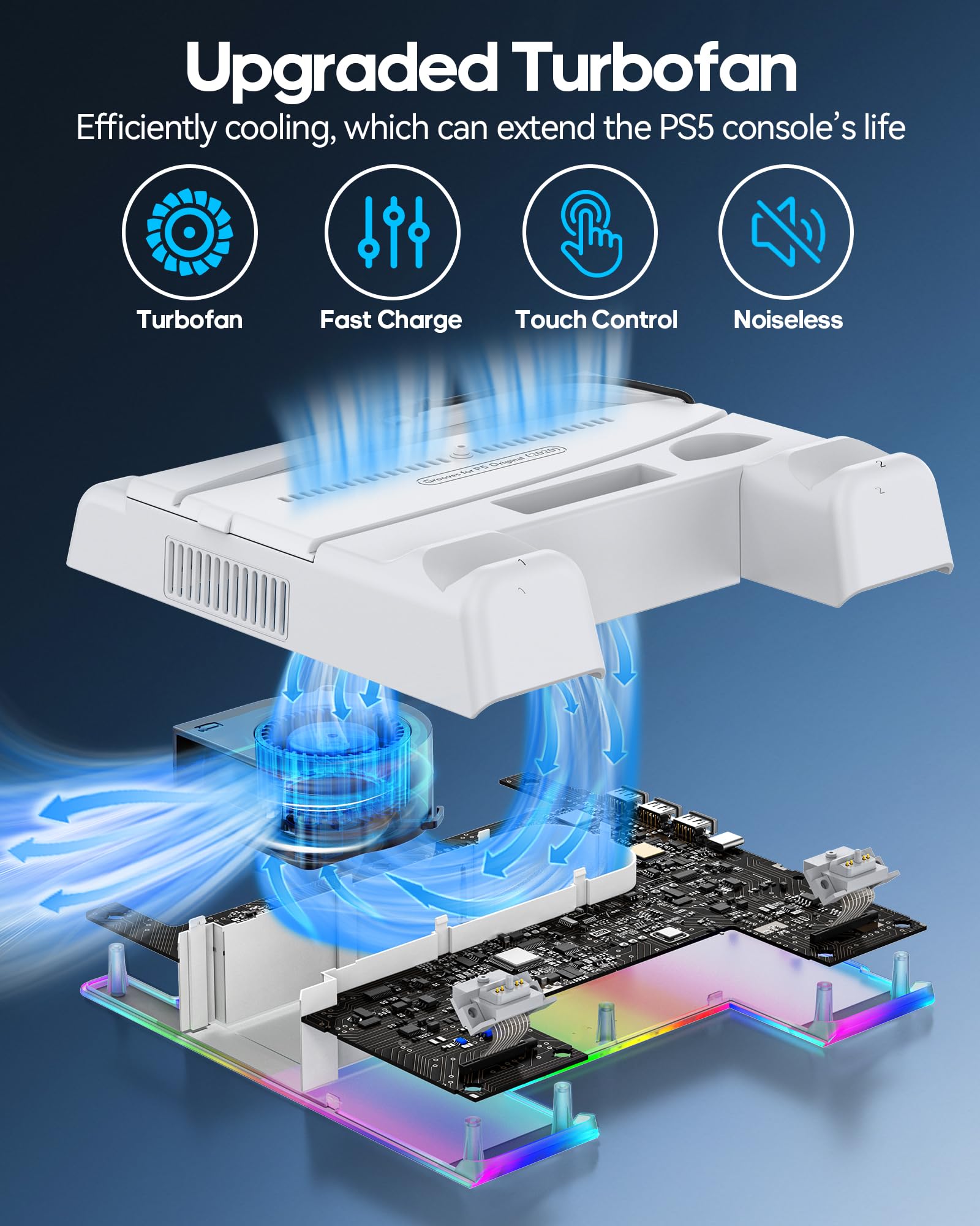 PS5/ Slim/Pro Stand for Disc & Digital Console, PS5 Cooling Station with Dual Controller Charging Station for PlayStation 5 Console, 3-Level Fan PS 5 Controller Charger Accessories Stand-White