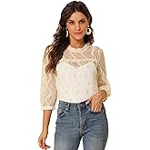 Allegra K Women's Valentine's Day 3/4 Sleeves Ruffle Mock Neck Sheer Lace Top