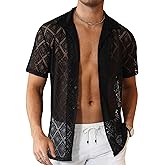 Csqopt Mens Floral Lace Shirt Hollow Out Sheer See Through Short Sleeve Casual Button Down Beach Shirts