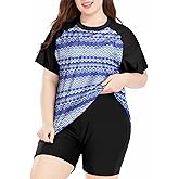 Davena Plus Size Rash Guard for Women 2 Piece Big Size Swimsuits Short Sleeve Bathing Suit with Bottom UV UPF 50+(Balck,Blue Geometry,4X)