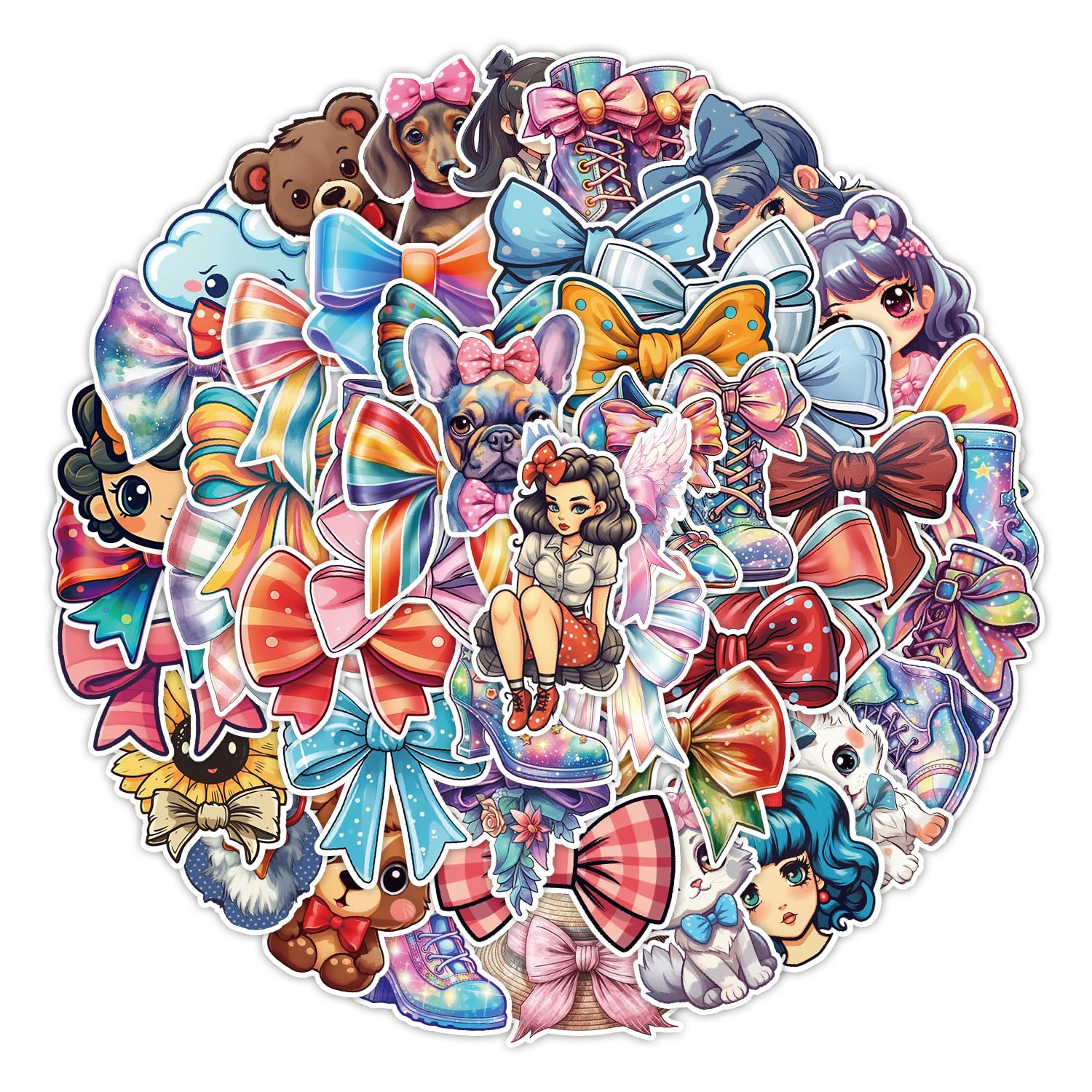 50PCS Bow Stickers for Laptop,Bumper,Scrapbook,Water Bottle,Skateboard, Guitar,Bike,Helmet,Luggage,Trendy Cute Bow Waterproof Sticker,Aesthetic Vinyl Decals,Gift for Teens Children
