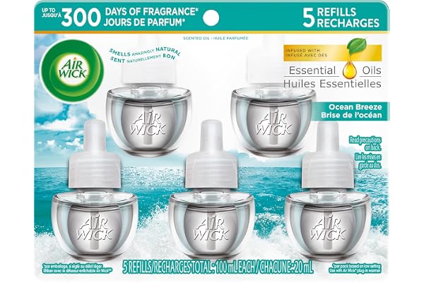 Air Wick Plug In Scented Oil Air Freshener Refills for Home – Infused with Essential Oils – 5 Count – Ocean Breeze Scent