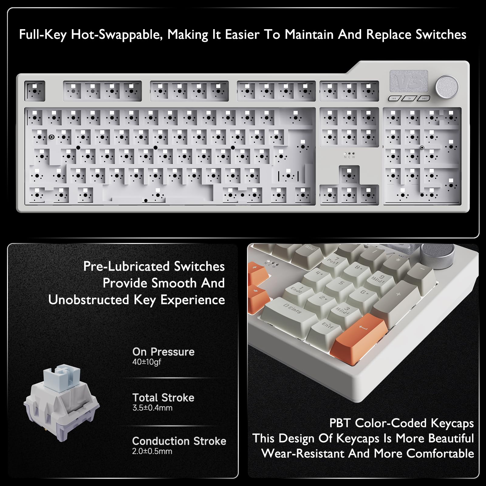 nacodex AJAZZ AK35I V3 Kabelgebundene Mechanische Tastatur, 104 Tasten Gaming Tastatur, Ausgestattet Mit Multimedia-Tasten Und Drehknopf, Mit Deutschem QWERTZ-Tastaturlayout, Grau Beige Orange 5