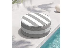 TWLEAR Indoor/Outdoor Inflatable Ottoman D21 x H9 inch, Round Footstool Inflatable Foot Rest Ottoman with Handle, Portable Ottoman Pouf for Patio, Garden, Camping, Home, Stripe Cabana Black