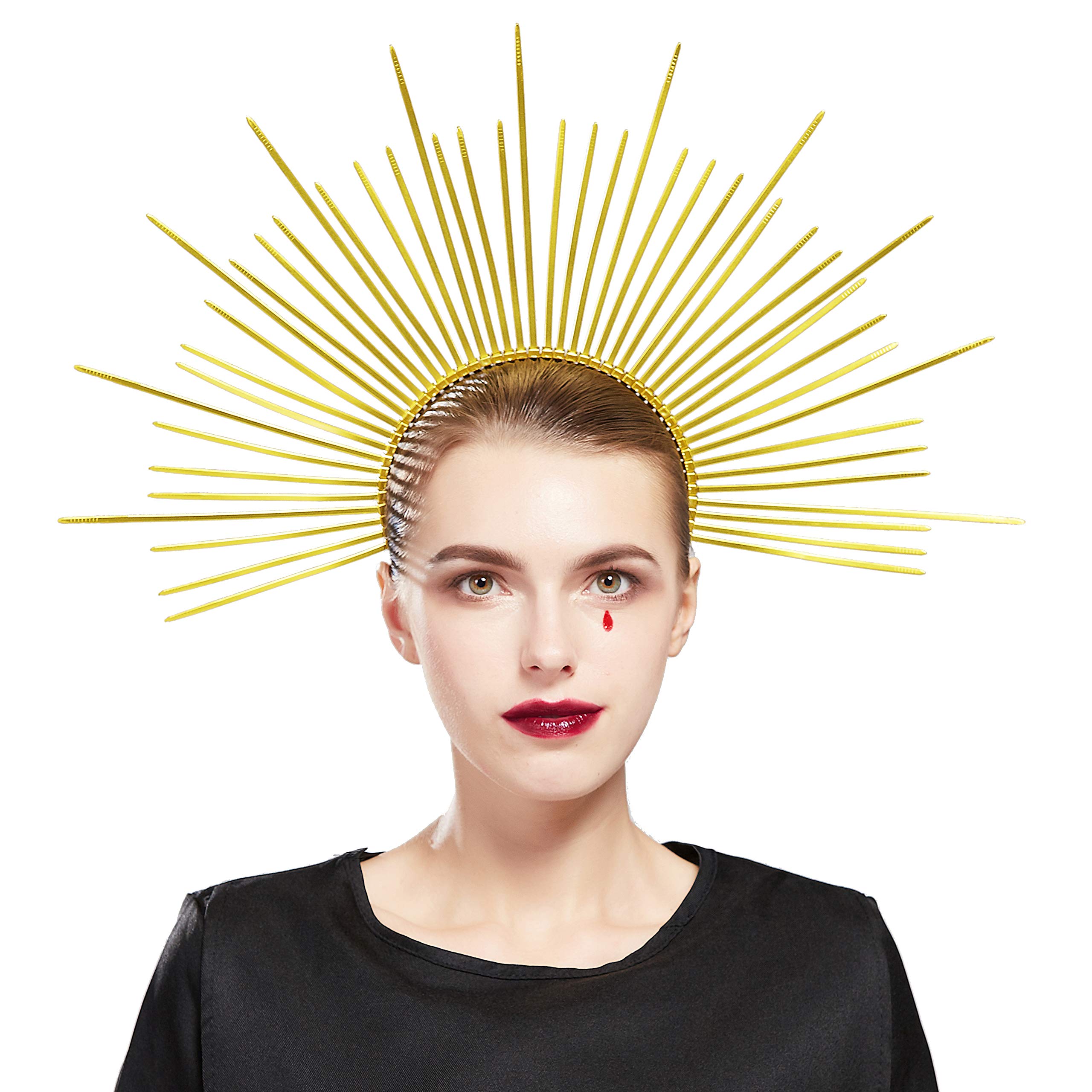 Fantherin Mary Crown Headband Spiked Zip Tie Crown Sunburst Goddess Headpiece for Women (1-Gold)