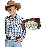 Kajeer Kids Western Belt for Boys Girls, Cowboy Leather Embossed Western Longhorn Bull Buckle Belts for Jeans