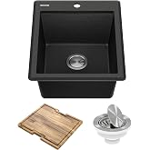 KRAUS Bellucci 18-inch Granite Workstation Drop In Top Mount Single Bowl Kitchen Sink in Metallic Black with Accessories, KGTW12-18MBL