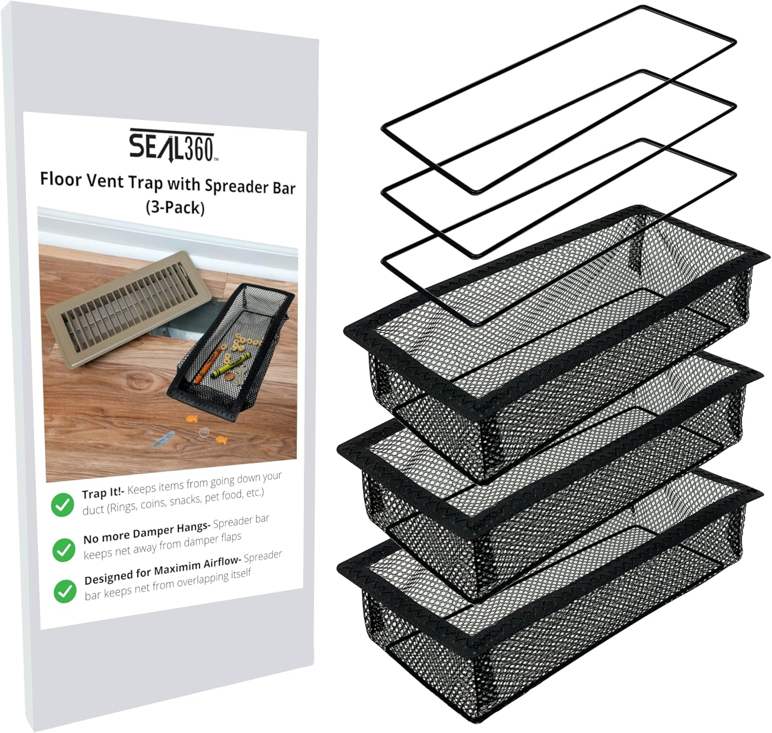 Registers, Grilles & Vents - SEAL360 Floor Vent Screen Net, Air Vent Filter Mesh Catches Toys Snacks Pet Hair and Pet Food, Keeps Bugs Out, Patent Pending, 4”x10” (3-Pack)