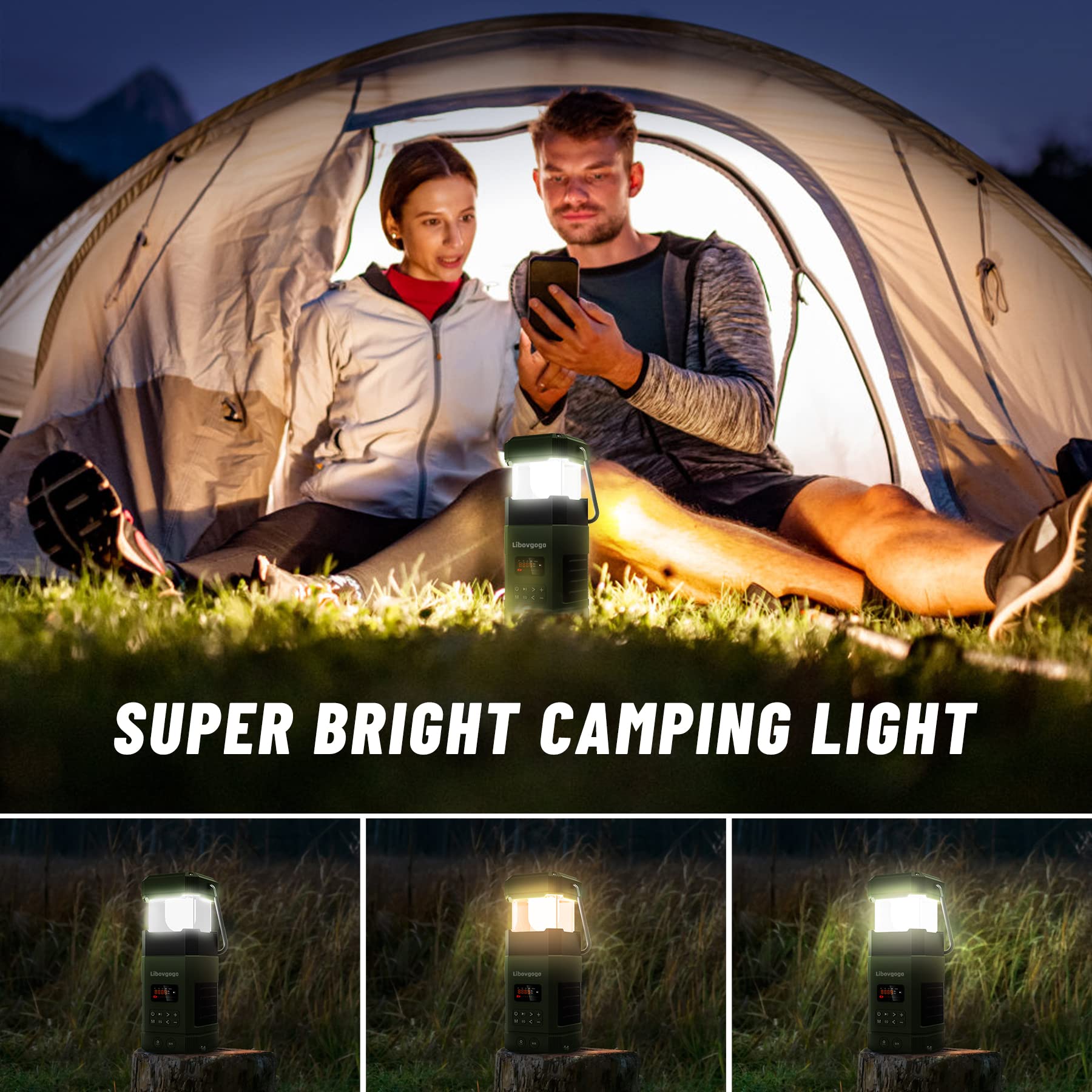 Wiederaufladbare LED Campinglampe, 3 Lichtmodi, IP65 wasserdichter Bluetooth Lautsprecher, 5000mah AM UKW Kurbelradio mit Handyladefunktion Solar, Taschenlampe, Stroboskoplicht, SOS Alarm 3