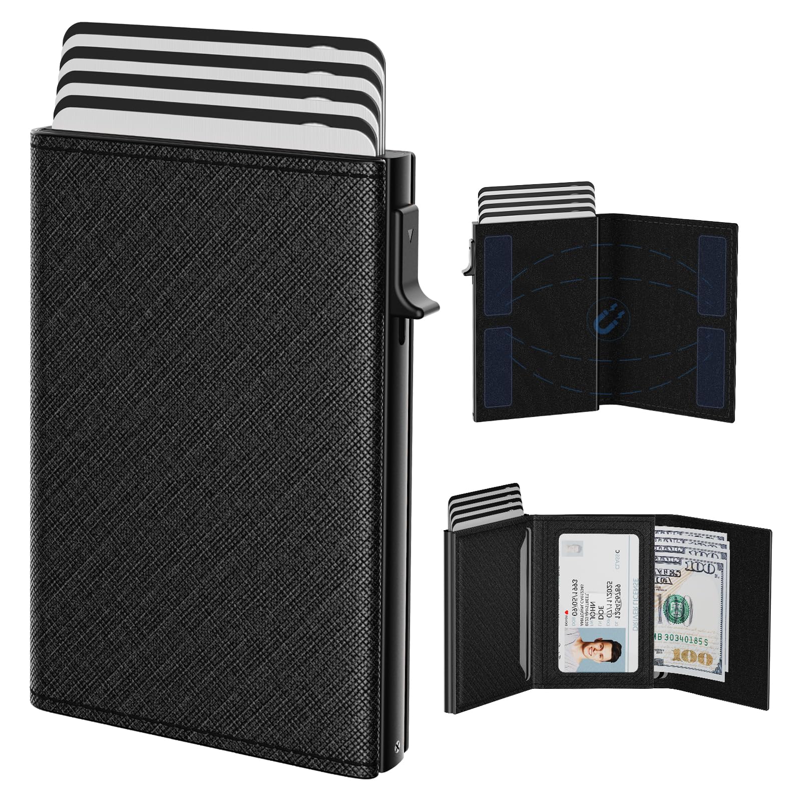 Photo 1 of typecase Mens Wallet Card Holder: Pop Up Aluminum Case, Genuine Leather, Smart, RFID Blocking, Slim, Minimalist, Front Pocket - 9-14 Card Capacity | ID Window | Cash Slot (Cross Black)