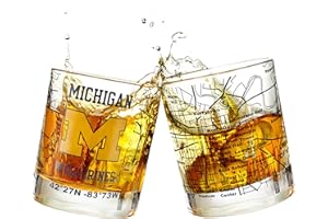 GREENLINE GOODS University Of Michigan Whiskey Glass Set (2 Low Ball Glasses) - Contains Full Color Wolverines Logo & Campus Map - MU Wolverines Gift Idea for College Grads & Alumni - College Cocktail Glassware