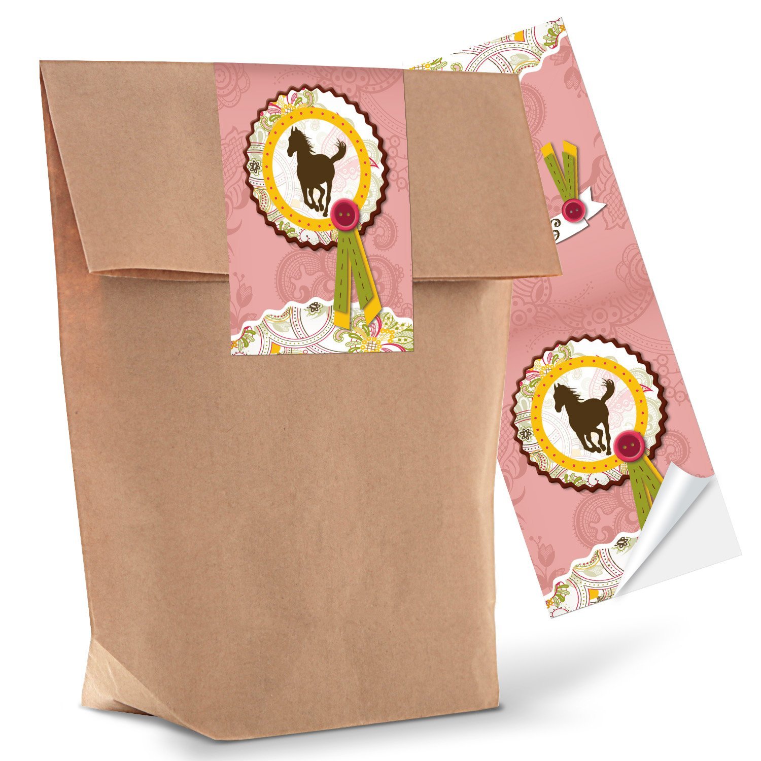 10 Small Brown Gift Bags Paper Bags + 10 Stickers Horse 14 x 22 x 5.6 cm Pink Girls Party Bag Give-Away Horse Fan Children's Birthday Gift Packaging