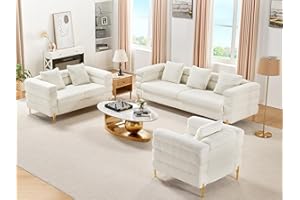 AMERLIFE Sofa, 3 Piece Set 85 inch Oversized Sofa- Comfy Sofa Couch, 3 Seater Sofa, Loveseat and Single Sofa for Living Room- Bouclé Deep Seat Sofa White