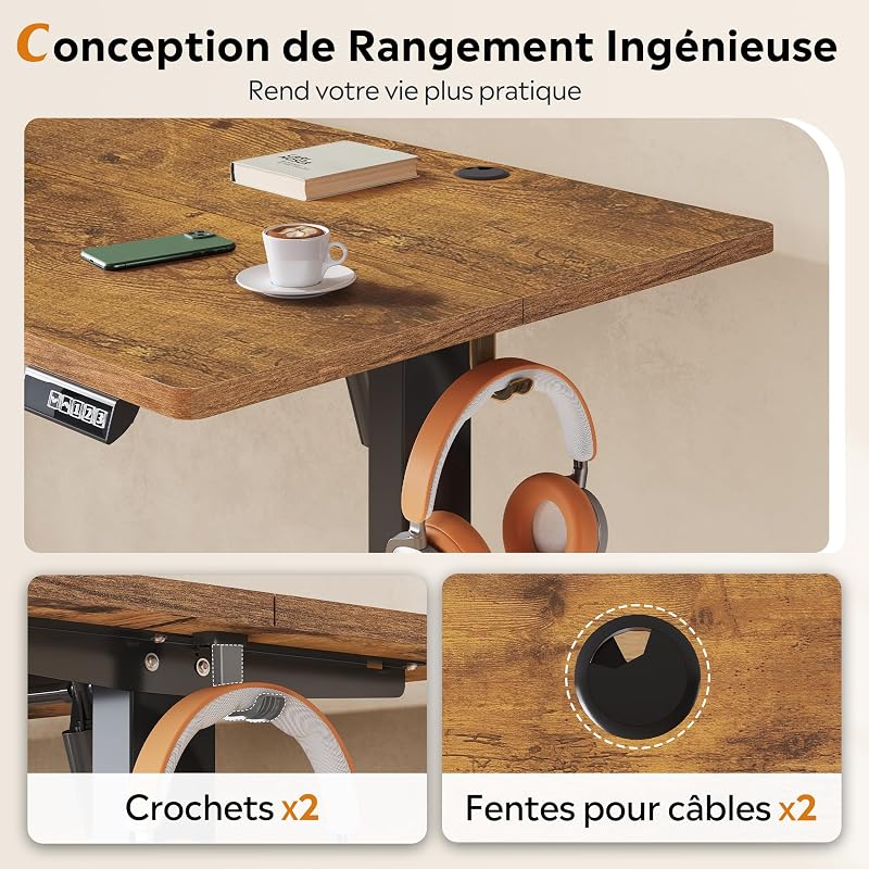 Bureau Assis-Debout Électrique 160 x 70cm, Moteur Silencieux avec 3 Mémoires, Table Ergonomique pour Télétravail et Bureau, Marron