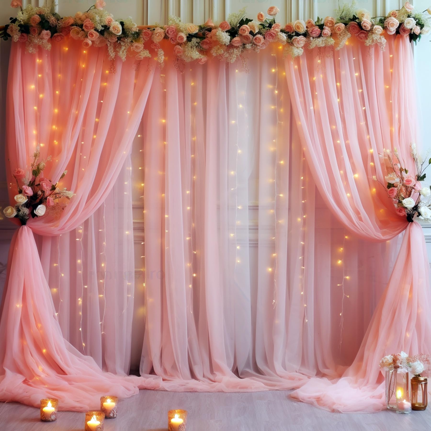 Photo 1 of 20x10ft Dusty Rose Tulle Backdrop Curtain with Lights String for Parites, Sheer Backdrop Curtains for Wedding Baby Shower Birthday Party Photo Shoot Decorations