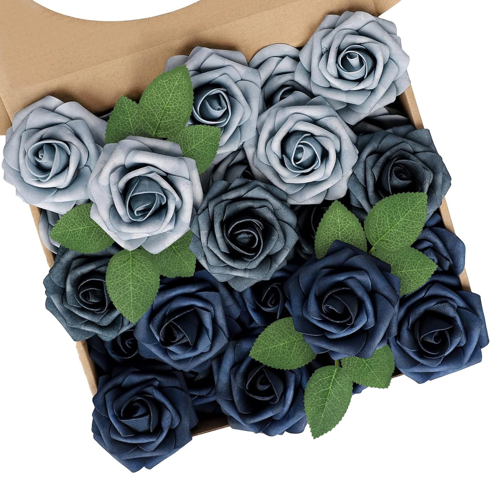 N&T NIETING Artificial Flowers, 25PCS Real touch rose flower with stem for DIY Wedding Bouquets Bridal Shower Centerpieces Floral Arrangements Party Tables Home Decorations, Navy Blue & Dusty Blue — image 1