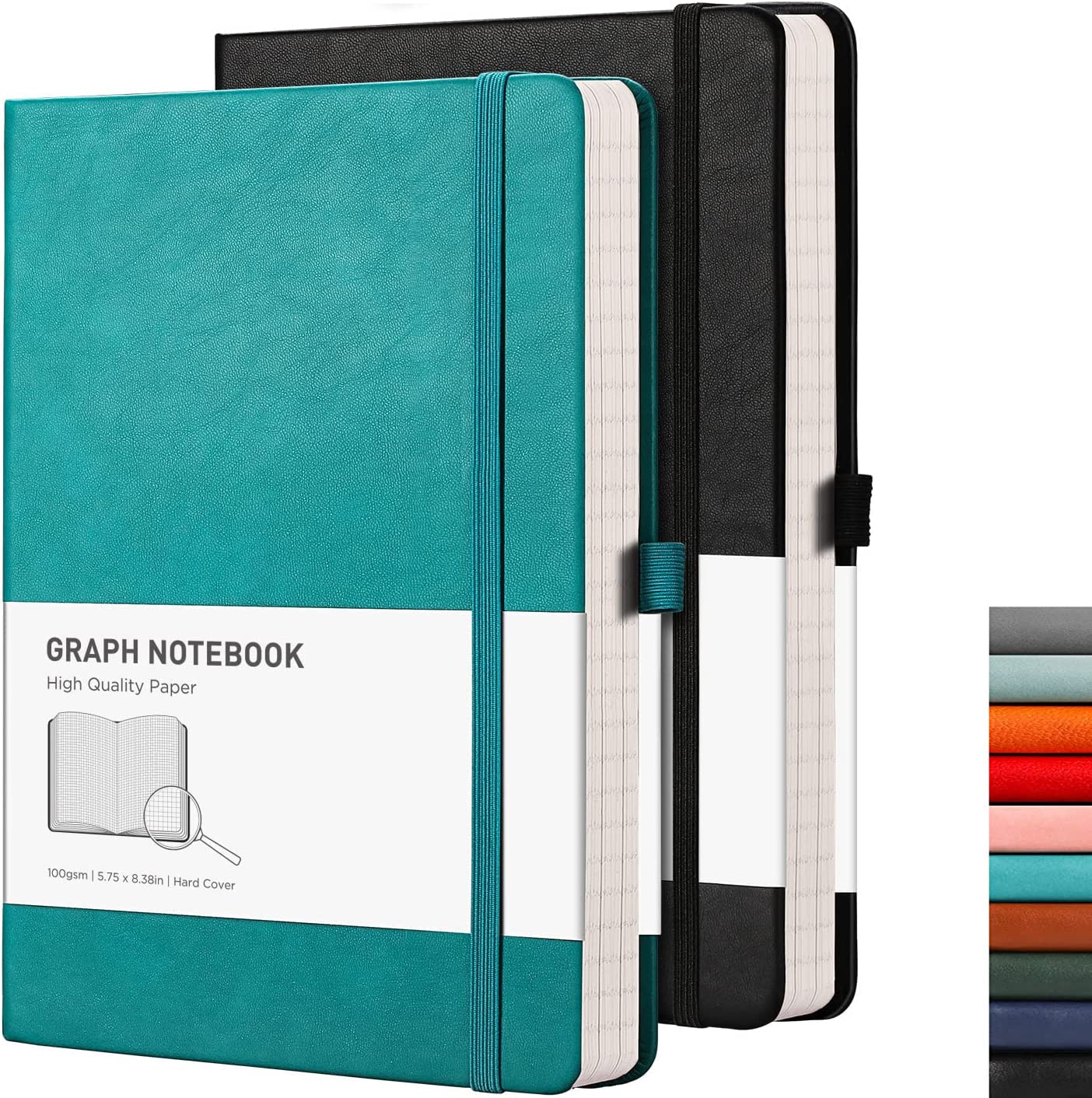 RETTACY Graph Paper Notebook A5 2 Pack - 384 Pages Squared Notebook with 100gsm Graph Paper, Pen Holder, Inner Pocket, for Office School Work Women Men Work 14.5 x 21cm - Black Cyan