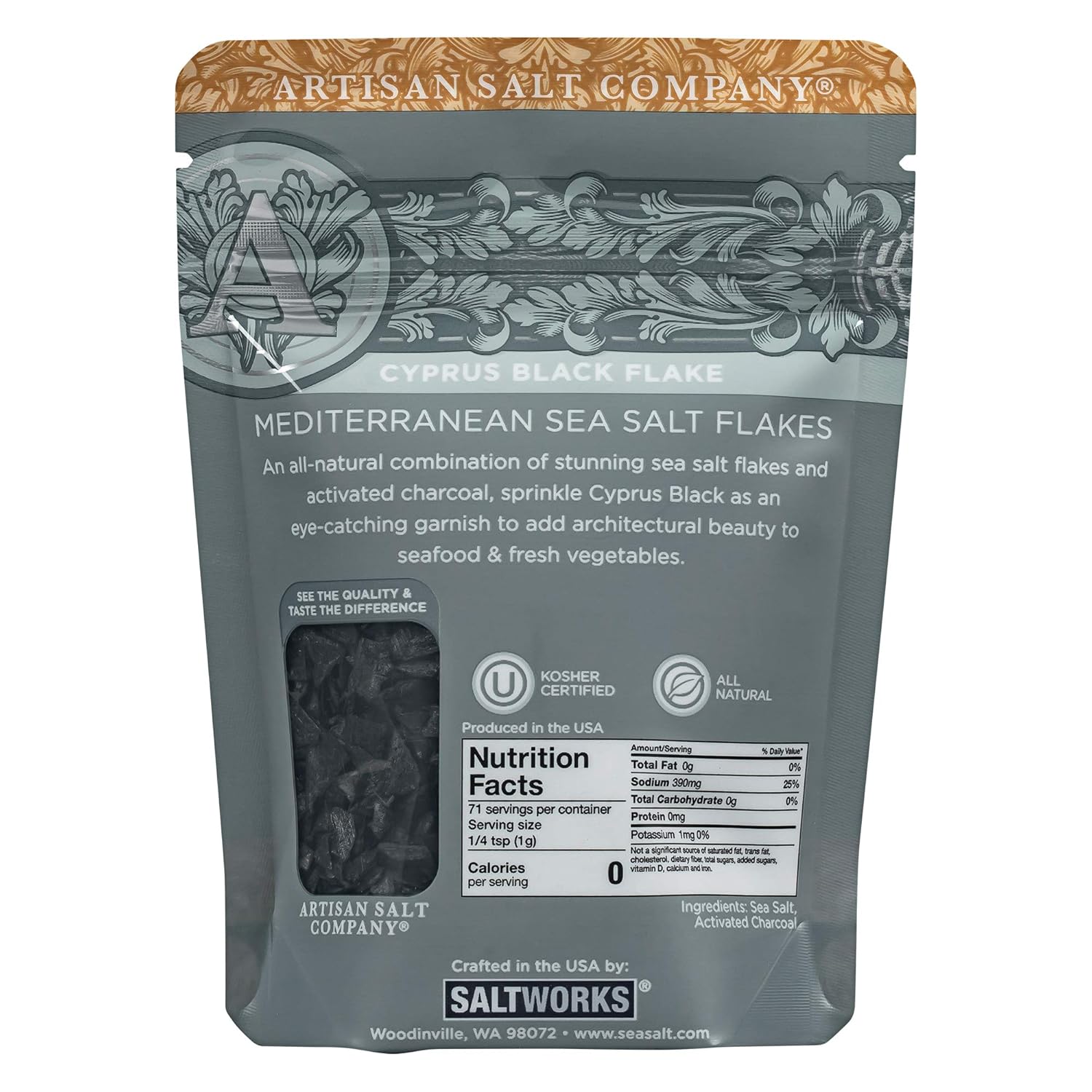 SaltWorks Cyprus Black Mediterranean Sea Salt Flakes, Artisan Zip-Top Pouch, 2.5 Ounce : Grocery & Gourmet Food