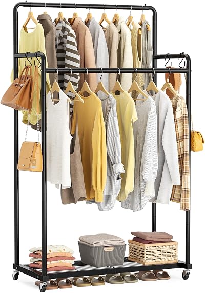 HOMIDEC Clothes Rail Metal Rack with Hooks Double Rails 80kg Black