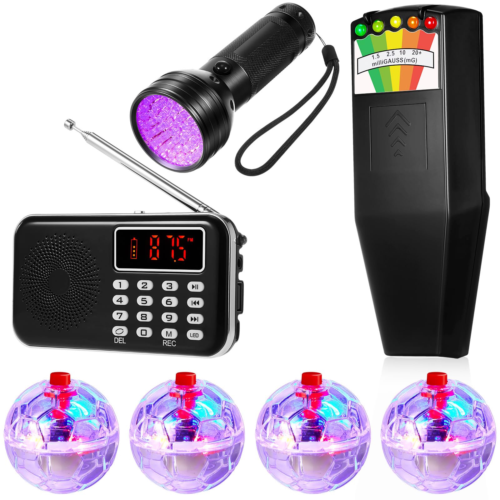 Photo 1 of Dunzy 7 Pcs Ghost Hunting Equipment Kit Include 1 Emf Meter 1 Ghost Radio 1 UV Flashlight and 4 LED Light up Pet Cat Ball for Electromagnetic Paranormal Investigations Home Office Inspections Gifts