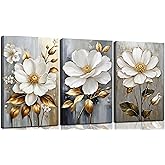 3Pcs White Flower Gold Leaf Canvas Wall Art Modern Plants Flowers Painting Decor Pictures Neutral Floral Bloom Posters Prints for Office Living Room Bathroom Bedroom Decoration No Frames