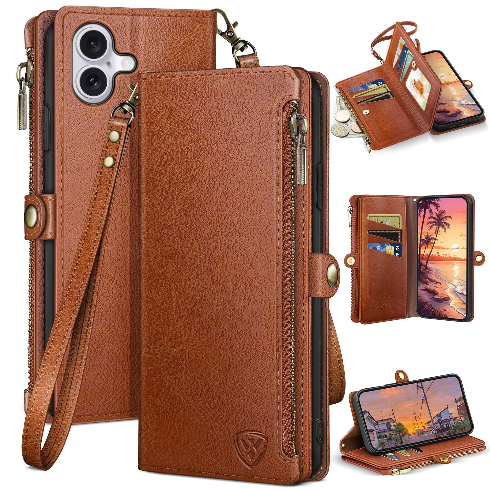 XcaseBar Compatible with iPhone 17 6.3" Wallet case with Zipper Credit Card Holder【RFID Blocking】,Flip Folio Book PU Leather Phone case Shockproof Cover Women Men for Apple 17 case Light Brown