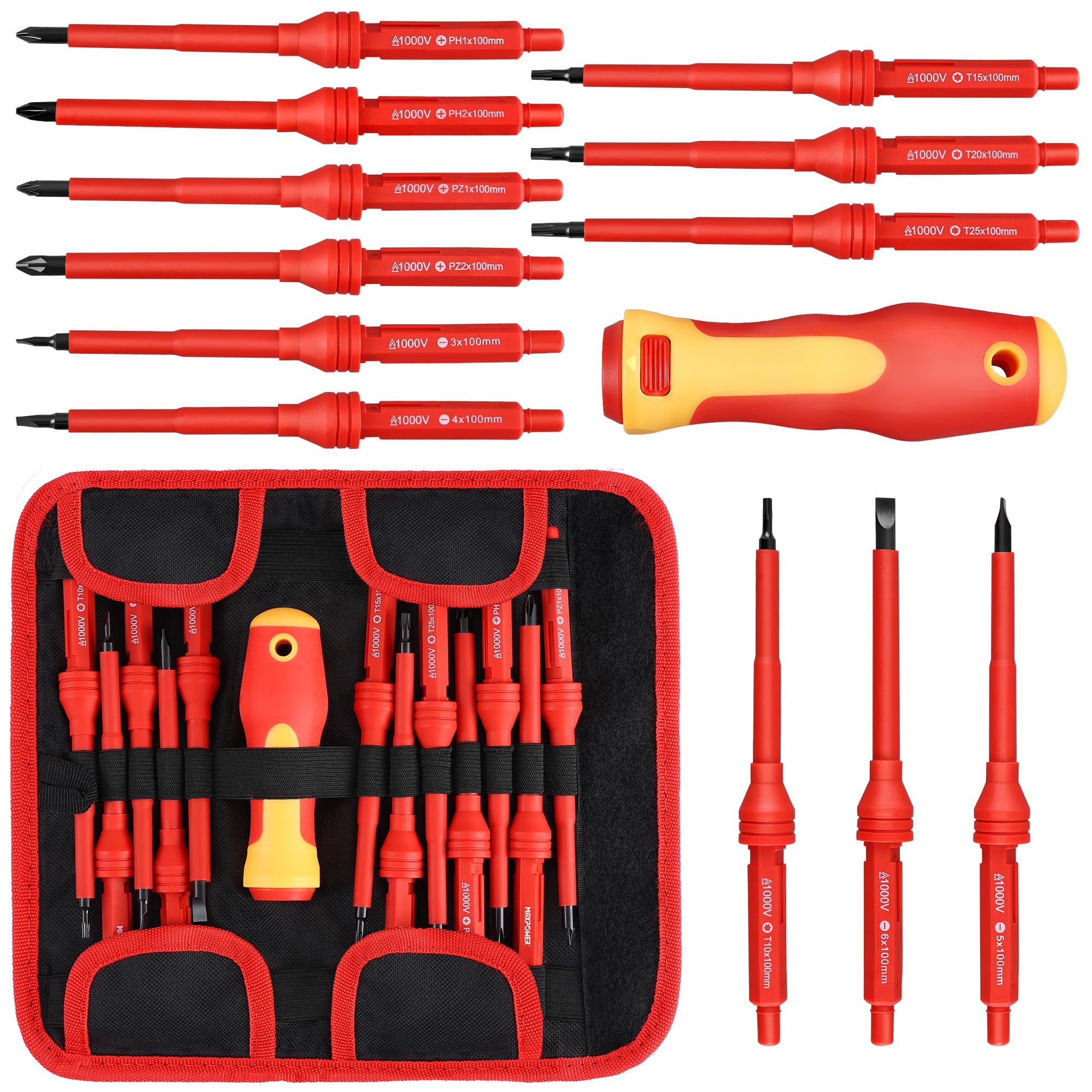 MAXPOWER 12 Piece Insulated Electricians Screwdriver Set with Rubber Handle, Magnetic Tips | 1000V | Ideal for Electrical, Home and DIY Projects
