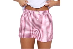 LEHOZIHEQ Women Plaid Boxers Shorts Summer,High Waist Stretch Shorts,Comfy Casual Lounge Shorts Plus Size Shorts