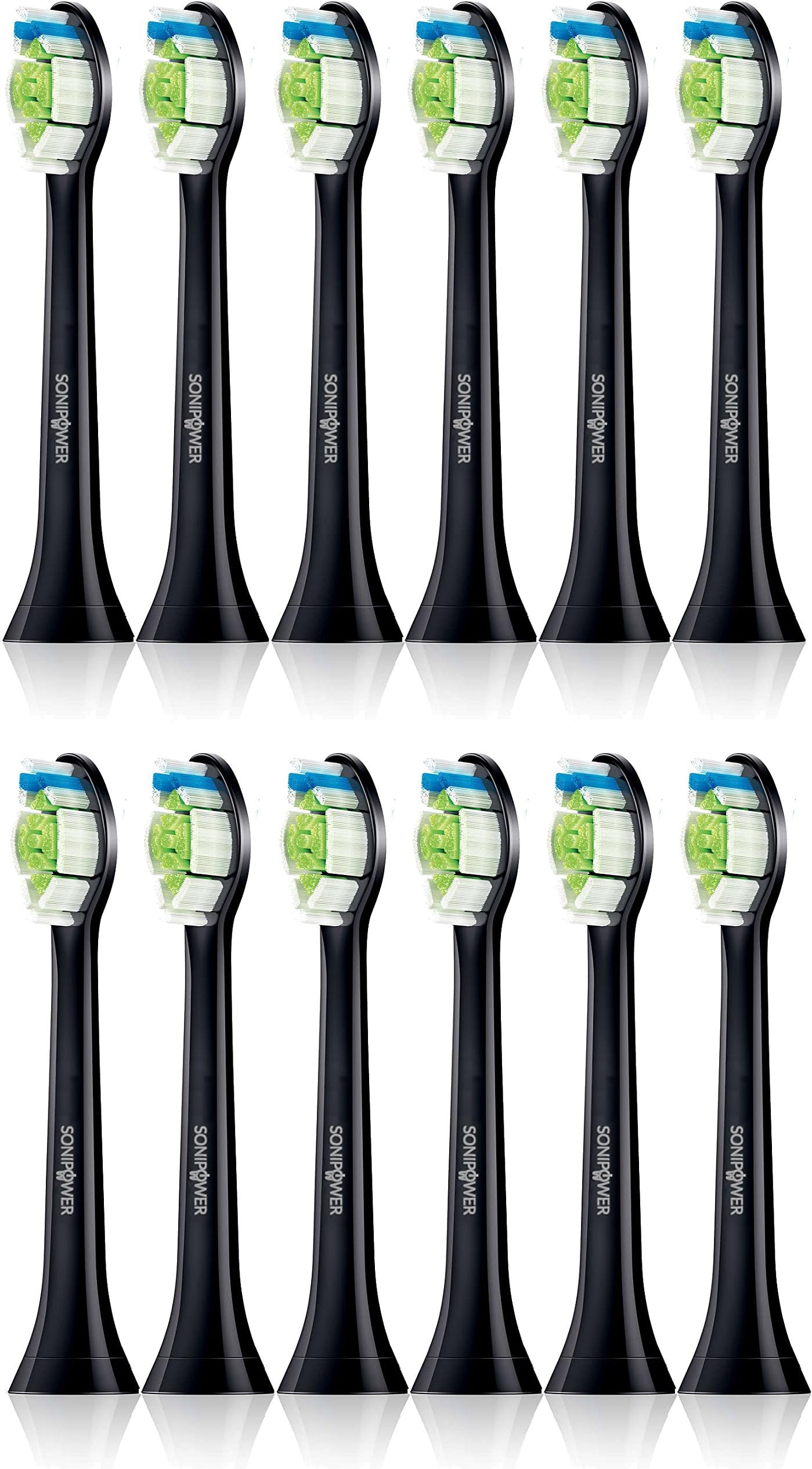 12 Pack Sonipower Black Dimaond Clean Standard size Replacement Toothbrush Head for Philips Sonicare Click On Brush Heads HX6062/94 HX6066/31