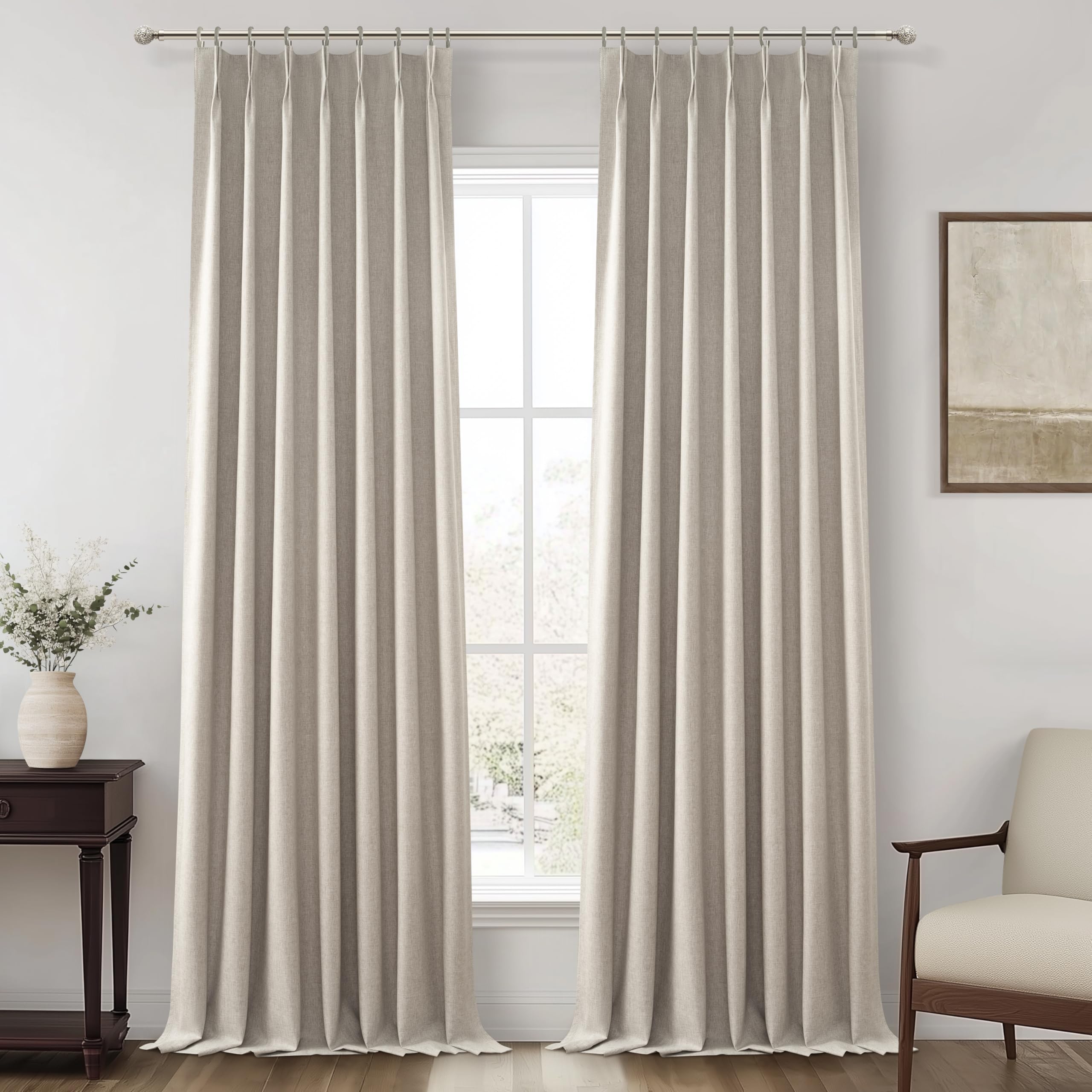 Photo 1 of Grey Beige Taupe Viral Curtains with French Pinch Pleat Clips& White Backing, Thermal Living Room/Bedroom Linen Blackout Curtain 96 Inches Long 2 Panels Set Window Boho Summer Drapes (40"Wx96"L)