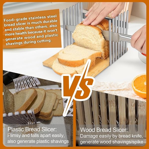 TKVAZK BREAD SLICER, STAINLESS STEEL BREAD SLICER FOR HOMEMADE SOURDOUGH BREAD, MANUAL BREAD SLICERS BREAD CUTTER WITH TOUGH BAMBOO CUTTING BOARD WITHOUT WORRY PLASTIC & WOOD SHAVING(NO KNIFE)