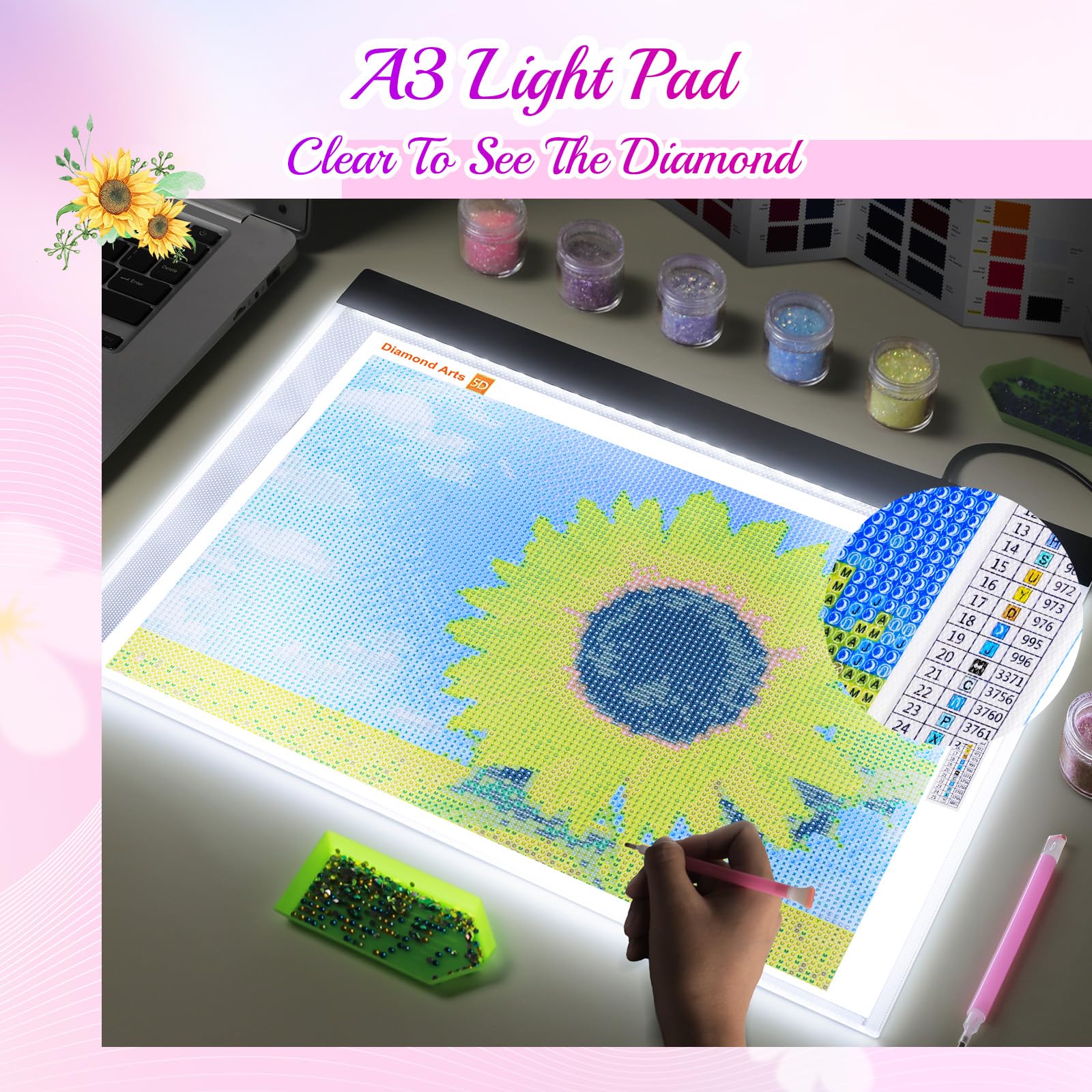Guiseapue A3 Diamond Art Light Board, Ultra-Thin Light Pad for Painting, Light Table Tracing Light Box for Drawing, Tattoo, Weeding Vinyl, Sketching, Painting Accessories Gifts for Her, Kids, Him