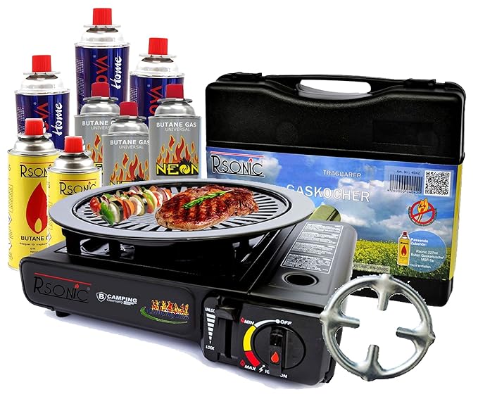 Gaskocher Campingkocher mit 8 Gaskartuschen Portable 2,5 KW + Grillaufsatz Grillplatte + Phönix Gasherdkreuz + Koffer (Schwar