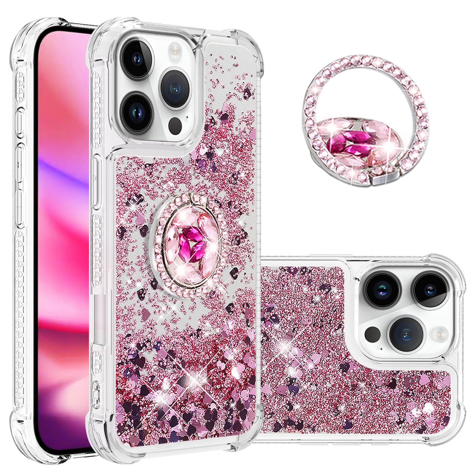 IMEIKONST Compatible with iPhone 16 Pro Case with Diamond Ring Kickstand, Moving Liquid Glitter Quicksand Transparent Sequin Shockproof Protective Cover for iPhone 16 Pro. Love Rose YBZ