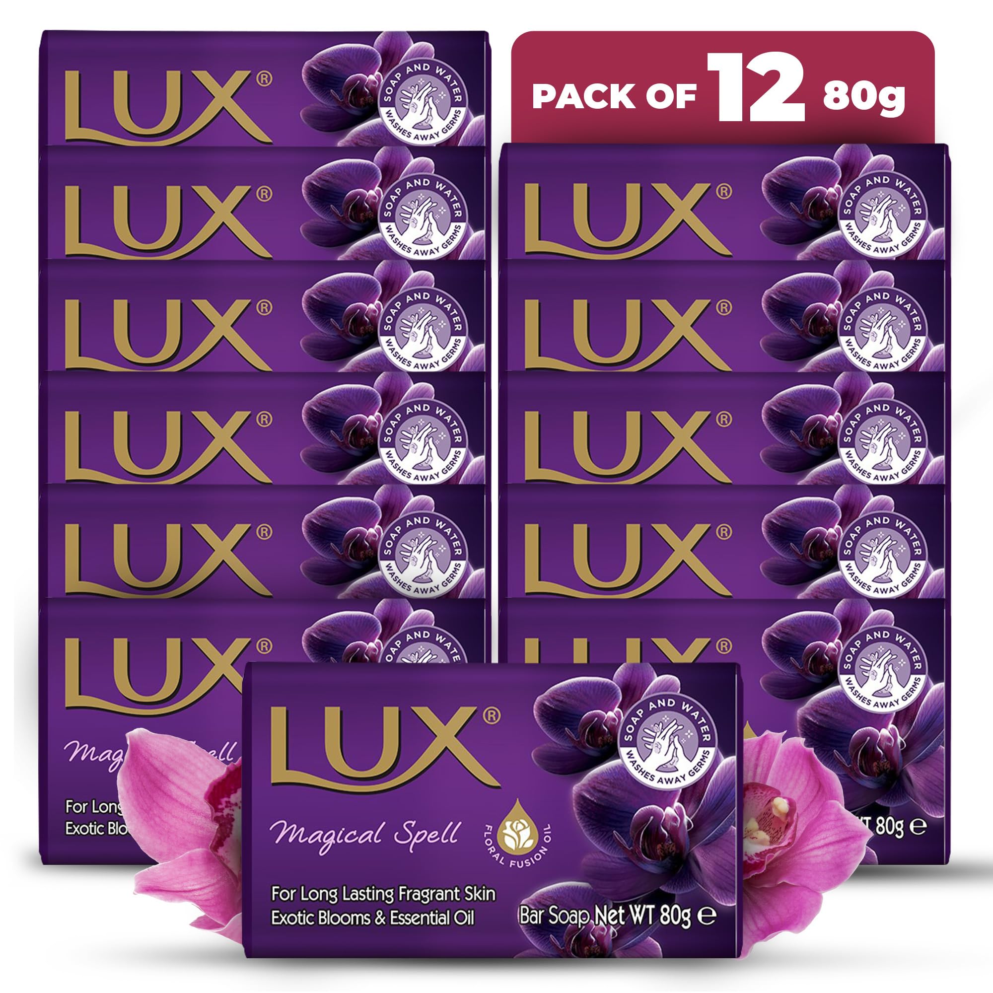 LUX Magical Spell Soap Bar, Exotic Blooms & Essential Oil, For Long Lasting Fragrant Skin, 80g (12 Pack)