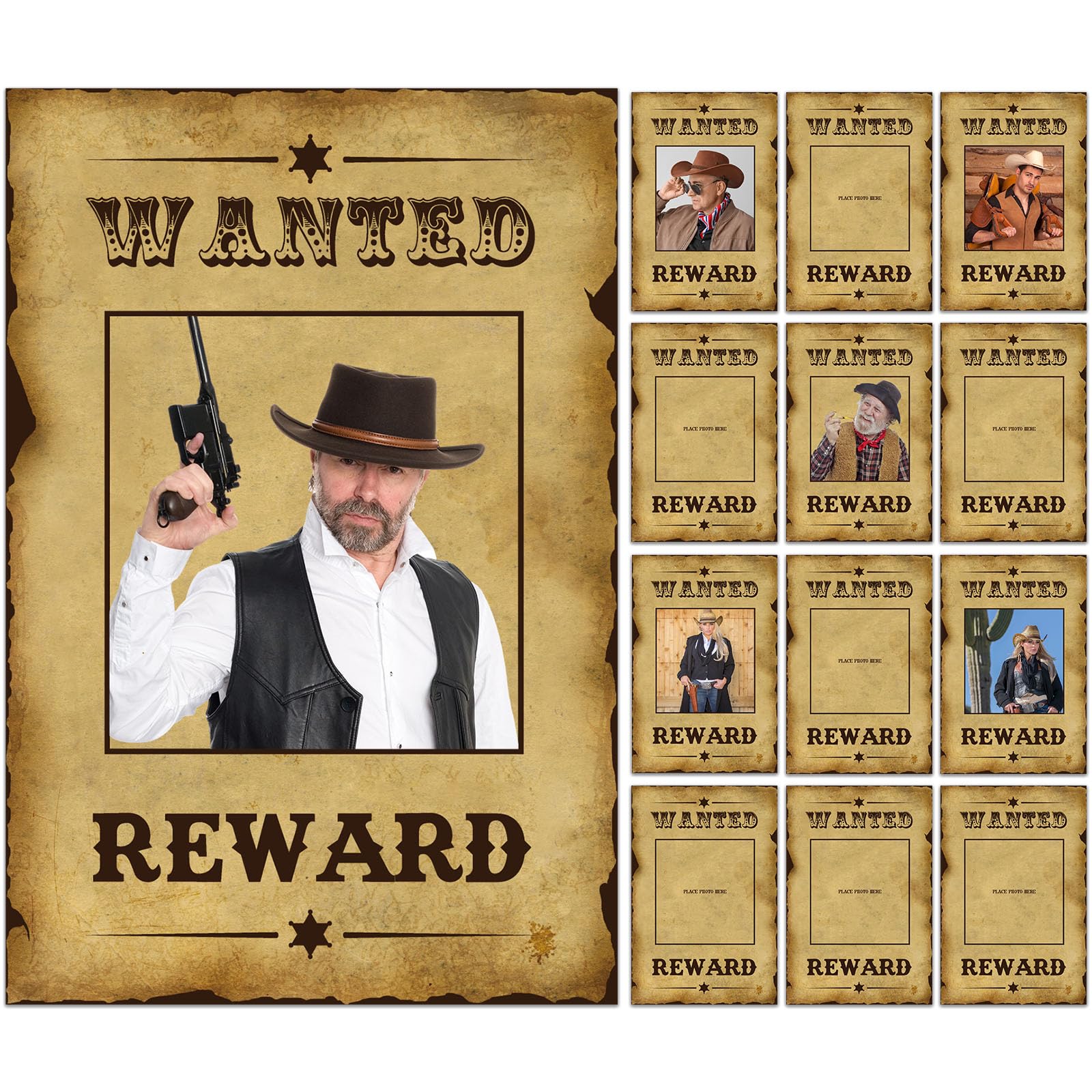 Photo 1 of 12 Pcs Western Wanted Poster Western Cowboy Party Decorations Wanted Photo Booth Frame with Glue Point Rodeo Party Decorations for West Birthday Retro Rustic Decoration Supplies(12 x 17 Inch,Fresh)