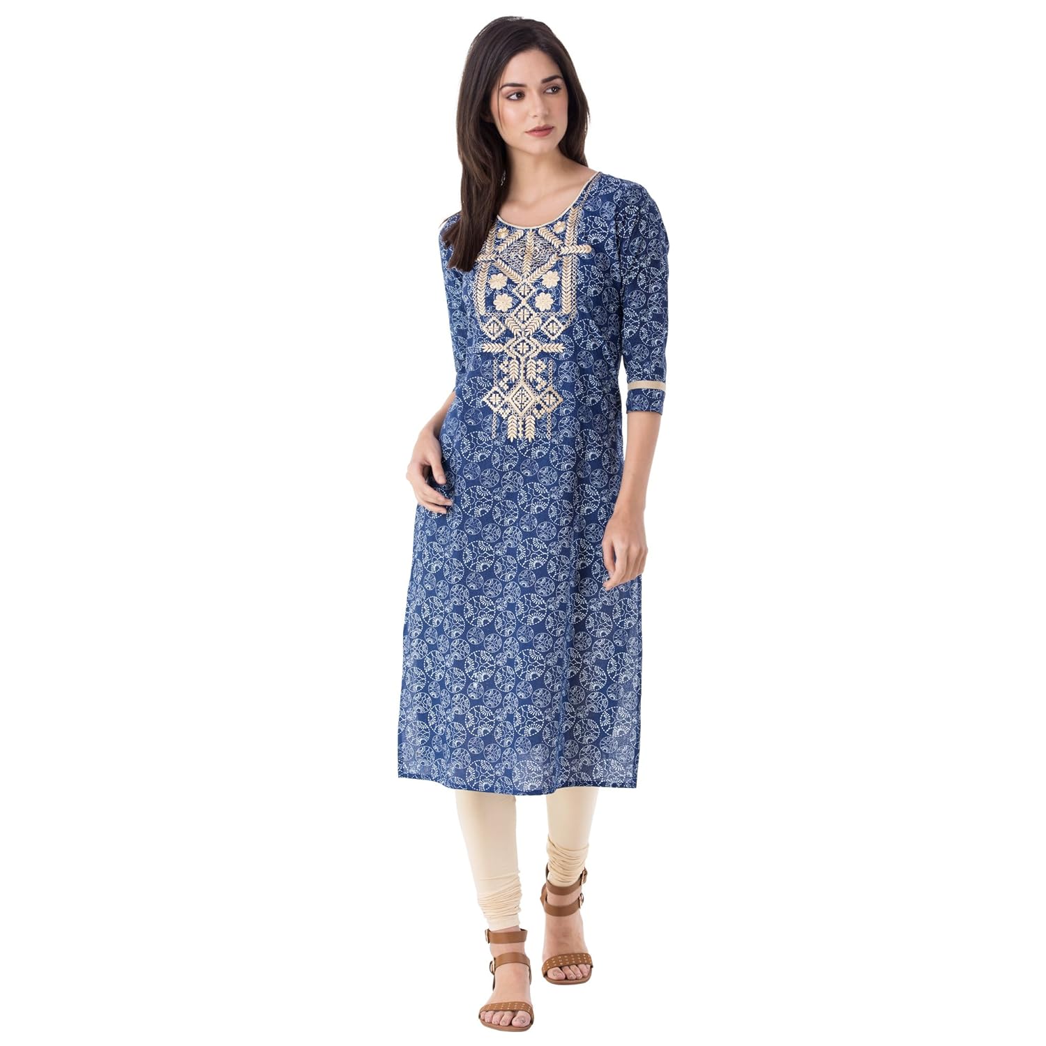 m&d women's cotton 3/4 sleeve embroidered kurti(indigo blue)