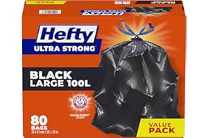 Hefty Ultra Strong 80ct Black Garbage Bags Large 100 L, Drawstring, Arm & Hammer odour neutralizer, Plastic Trash/Waste Bags