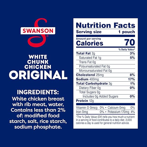 SWANSON ORIGINAL WHITE CHUNK FULLY COOKED CHICKEN, READY TO EAT, SIMPLE ON-THE-GO MEALS, 2.6 OZ POUCH