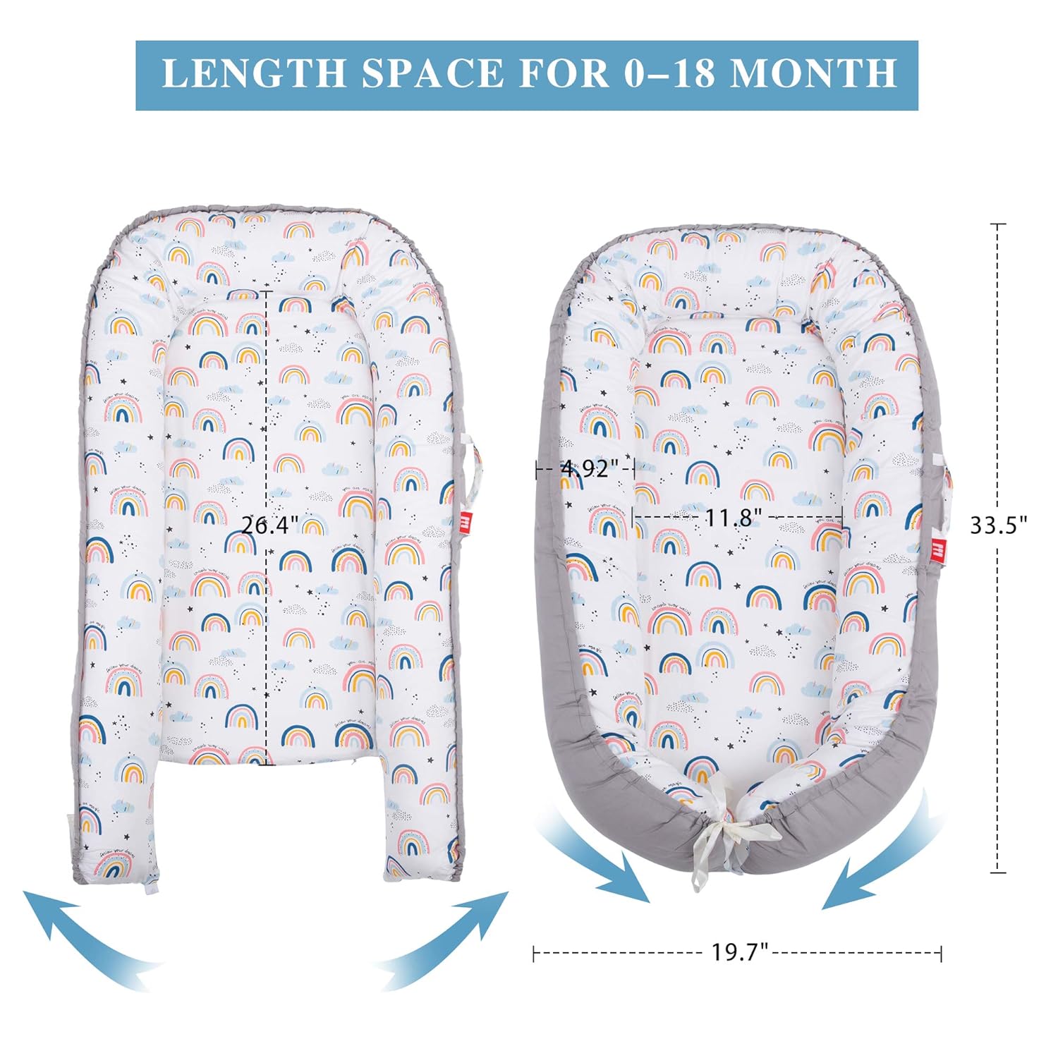 XMWEALTHY Baby Nest Pillow Soft Infant Lounger Pillow Newborn Portable Bed Co Sleeper for Baby Girls Crib & Bassinet Mattress, Rainbows: Baby