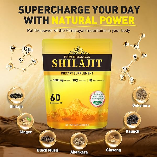 PURE HIMALAYAN SHILAJIT GUMMIES 3000MG WITH 85+ TRACE MINERALS & FULVIC ACID, 100% NATURAL&ORGANIC, NO ADDED SUGAR, LAB TESTED, GOLD GRADE SHILAJIT GUMMIES FOR MEN & WOMEN, INDIVIDUALLY PACKAGED