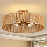 CLARSYNE 24" Natural Rattan Flush Mount Ceiling Light Fixture, 5-Light Gold Hand-Woven Wicker Boho Chandelier for Bedroom, Li
