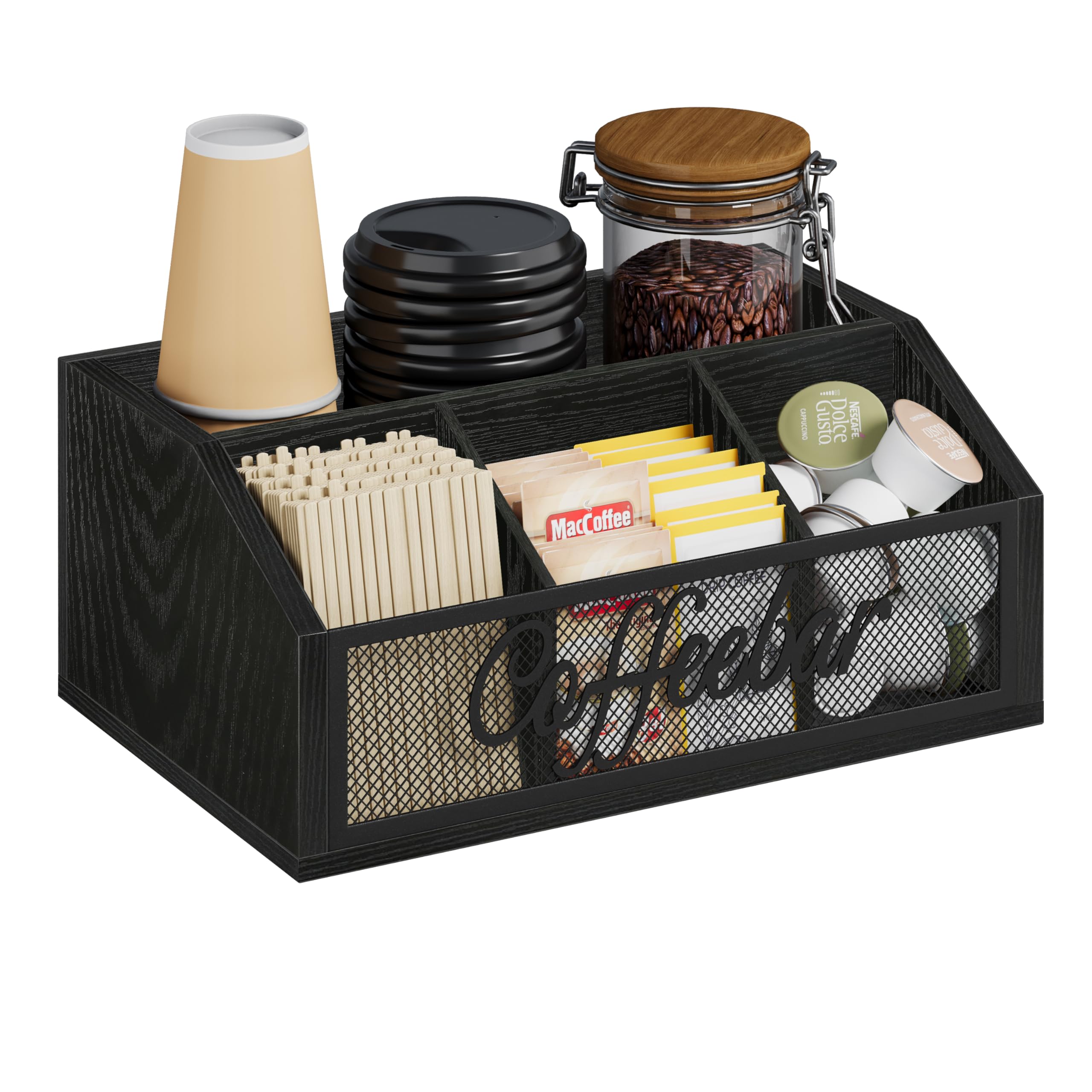 Photo 1 of ** SOLD AS IS, NO REFUND/RETURN** SEE COMMENTS!
YINMIT Coffee Station Organizer for Countertop, Wood Coffee Bar Organizer with Removable Dividers for Pods, Syrup, Cups, Stirrer, Tea - Office Bar Accessories, Iron Mesh-Black