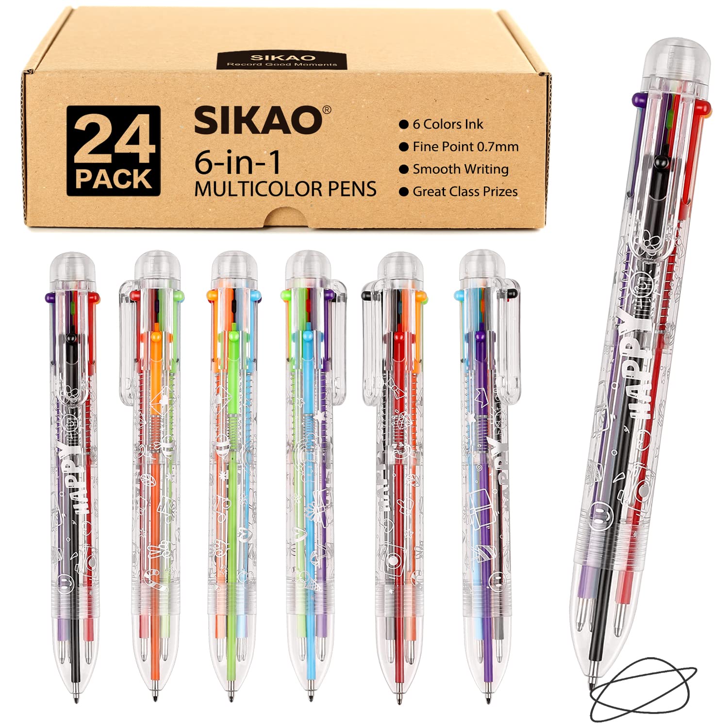Sikao 6-in-1 Pens Multicolour, 24 Pack Multi Color Pens All In One, Multicolour Pens Rainbow Pens, Bulk Party Favors, Classroom Prizes, Goodie Bag Stuffers for Kids Grils Valentines Day Gifts(HAPPY)