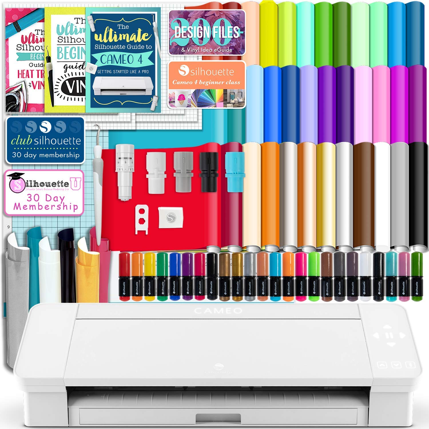 Silhouette White Cameo 4 Starter Bundle with 38 Oracal Vinyl Sheets, T